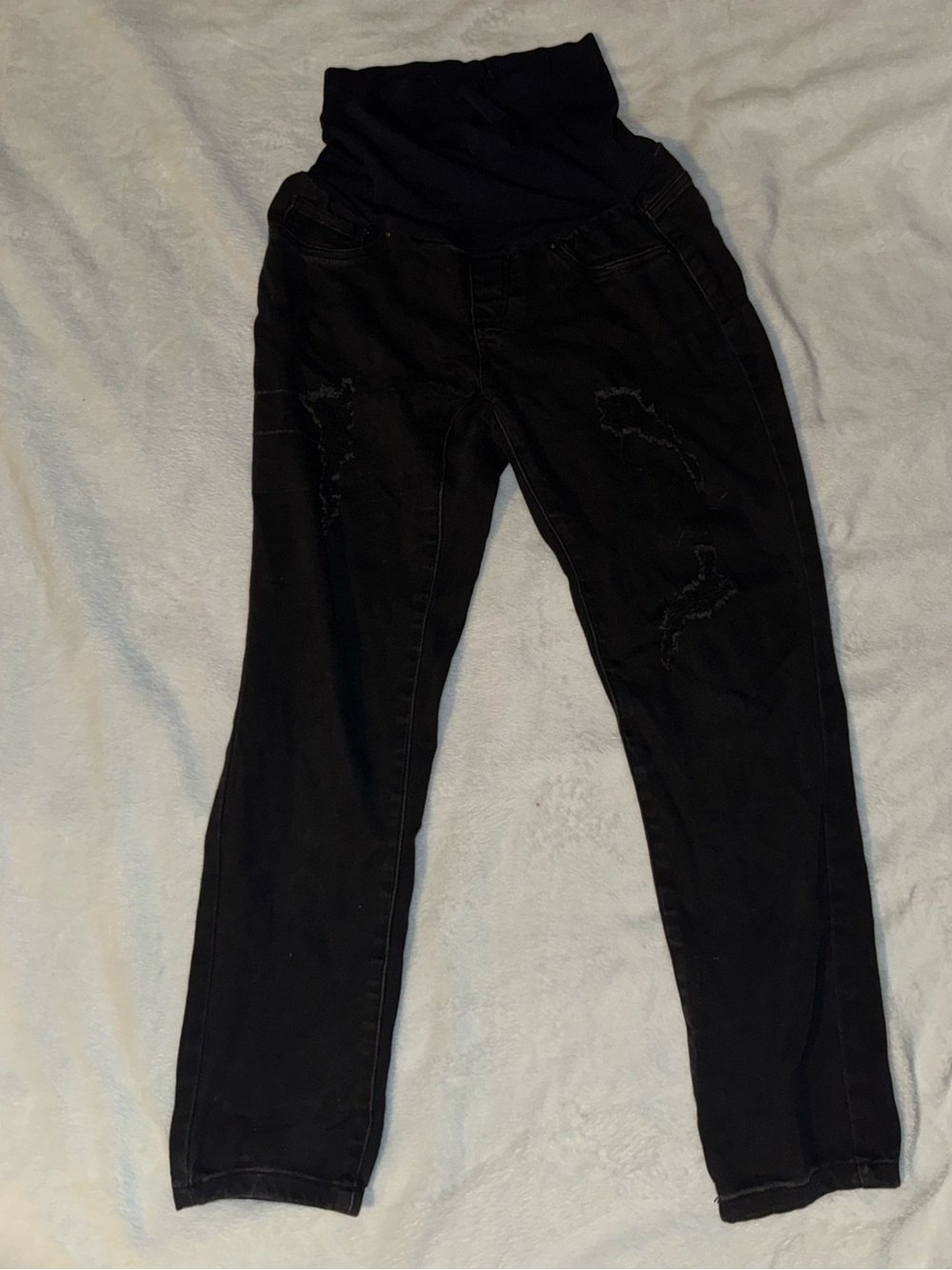 Black Maternity Jeans with Stretch Waistband and distressed details